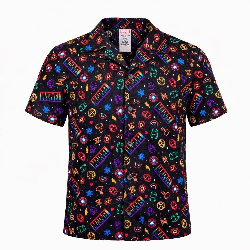 Disney Parks Marvel Pride Camp Shirt Men’s Black Rainbow Avengers Button Up M